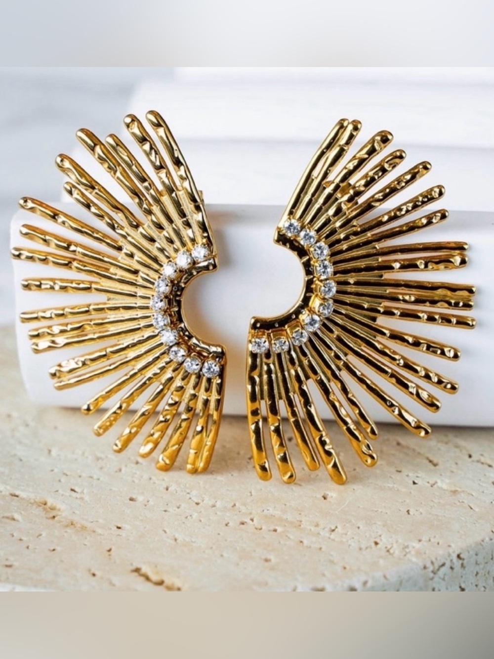 Gold Sunburst Earrings with Crystals